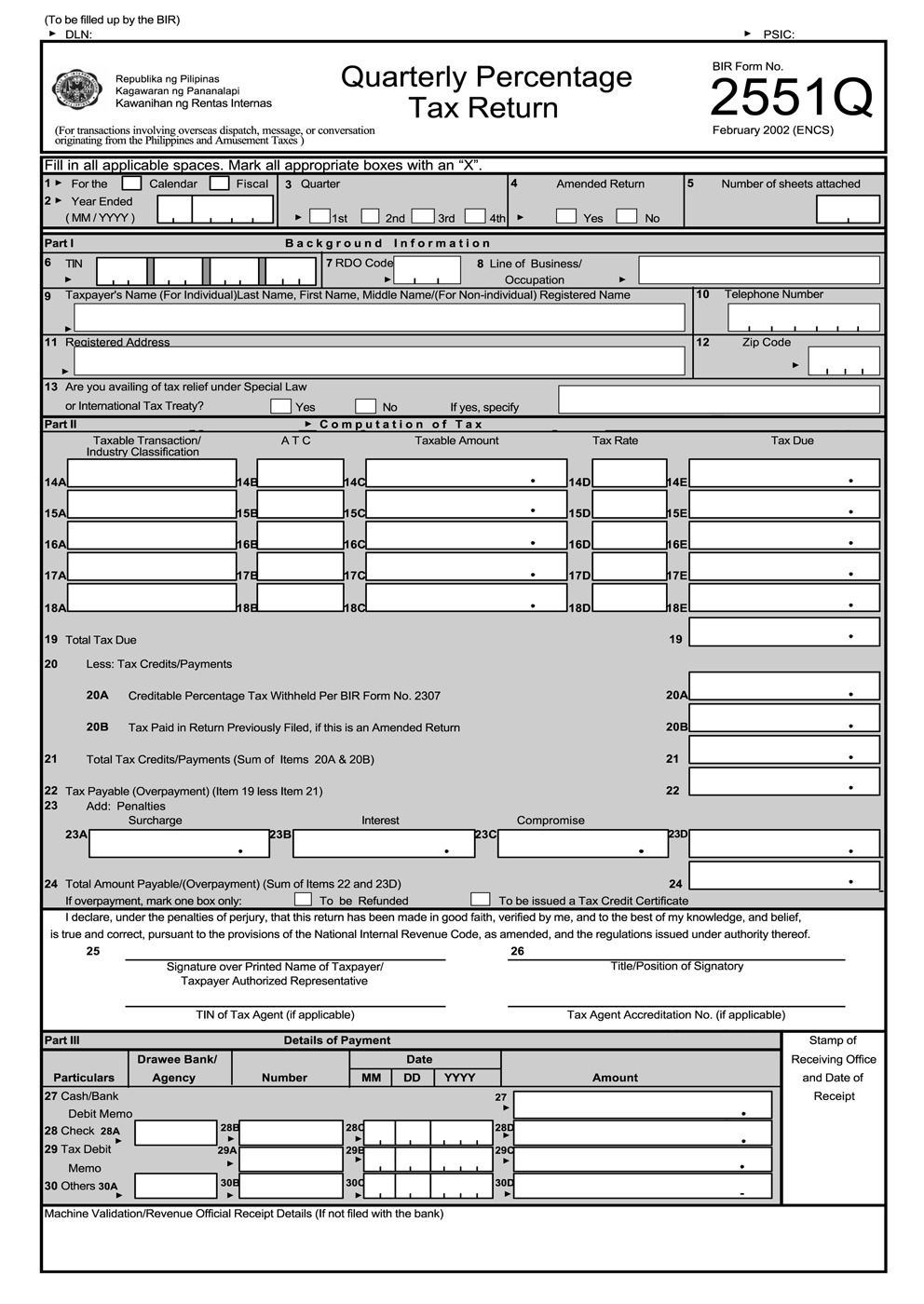 BIR Form 2551Q Quarterly Percentage Tax Return